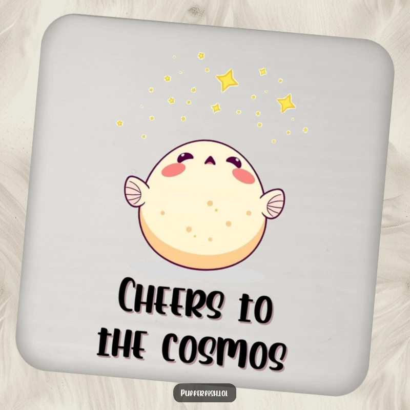 Funny Pufferfish Coasters: A surprised pufferfish looks up at a meteor shower of tiny stars, protecting surfaces with cosmic humor.