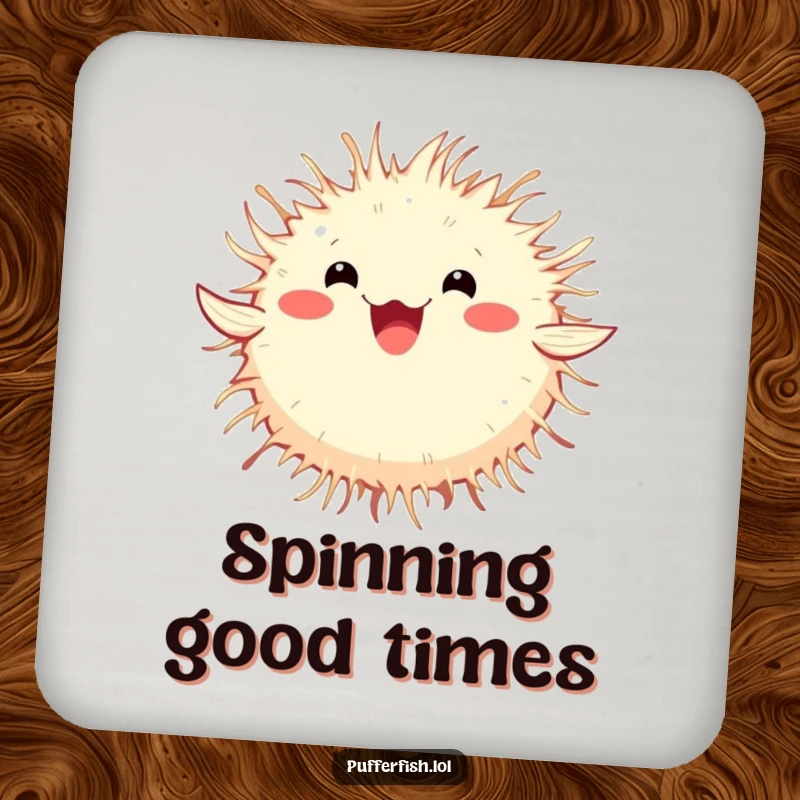 Funny Pufferfish Coaster featuring a happily spinning pufferfish, protecting surfaces with a touch of whimsical humor.