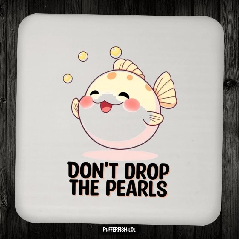 Funny drink coasters with a cheerful pufferfish juggling three bright pearls, adding a humorous element to any table setting.