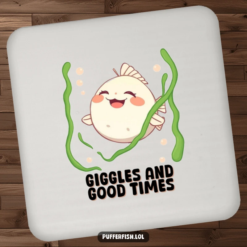 Funny drink coaster depicting a pufferfish character laughing heartily while being tickled by seaweed, protecting surfaces with ocean humor.