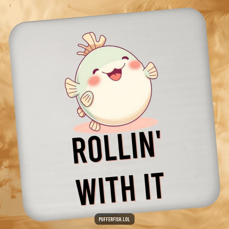 Funny pufferfish coaster, hilariously rolling with glee, fins in the air, a joyful and humorous table protector.