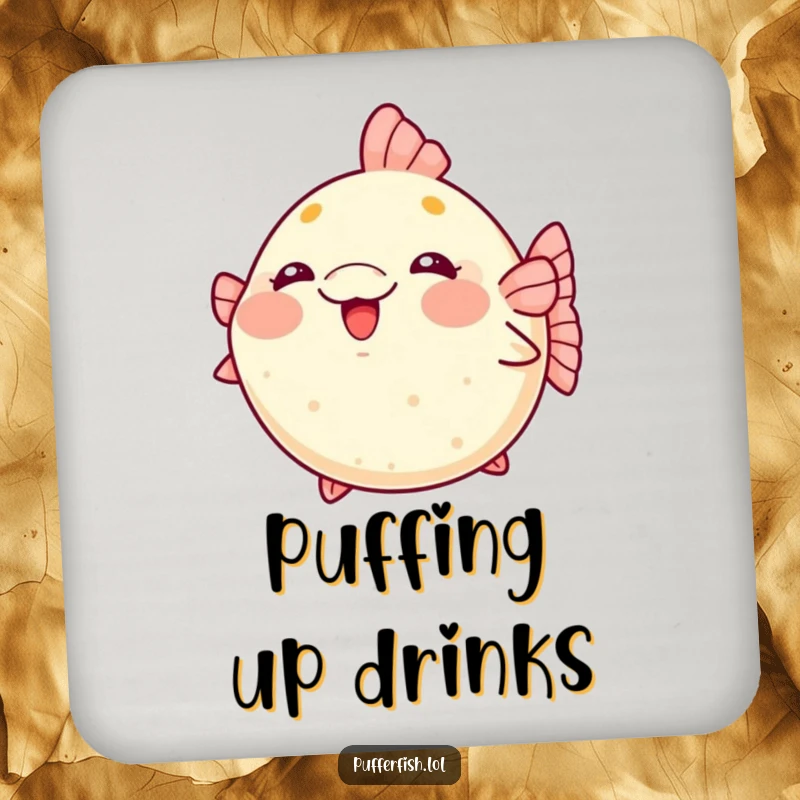 Funny kawaii pufferfish drink coasters blushing and puffing up with cute excitement.