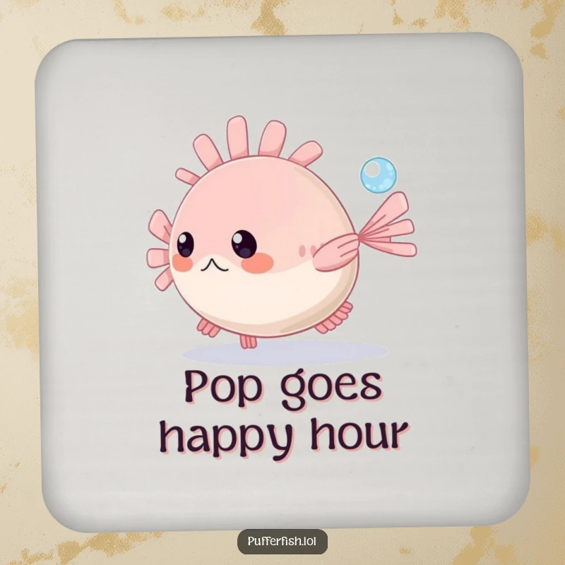 Funny Pufferfish Coasters: A cute pufferfish playfully pursues a tiny sparkling bubble in the clear blue ocean sea, adding humor.