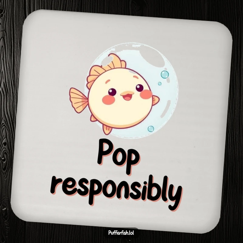 Funny kawaii pufferfish coaster, playfully bouncing a large bubble, protecting tables with cute ocean charm.