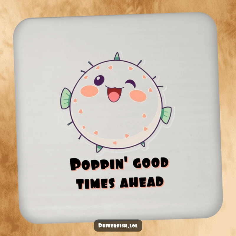 Funny pufferfish drink coasters, set featuring a round, energetic character bursting with bubbly cheer, protecting surfaces, a cute funny gift.