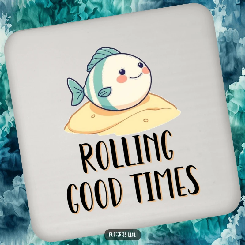 Funny drink coaster depicting a very round fish character rolling down a sandy hill with pure glee, protecting surfaces with humor.
