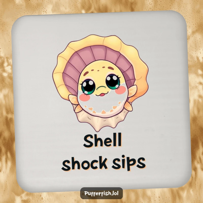 Funny Coaster: A curious pufferfish peeks from behind a seashell, providing humorous and stylish protection for tables.