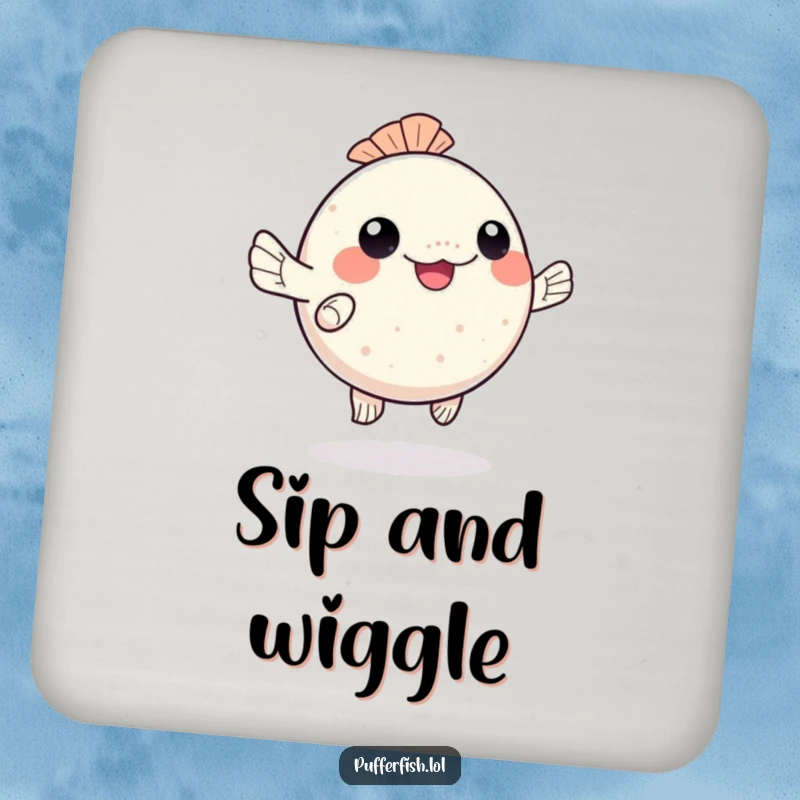 Funny kawaii pufferfish drink coaster, happily dancing with wiggling fins, perfect for tables and as a funny gift.