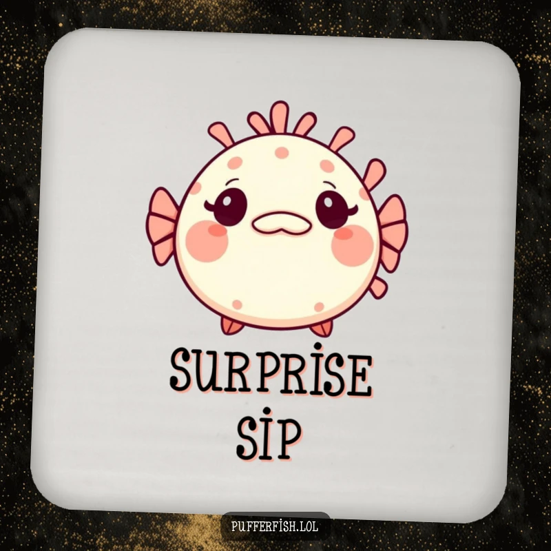 Funny Kawaii pufferfish drink coaster, a cute fish looking surprised with a tiny, mischievous grin, protecting surfaces with charm.