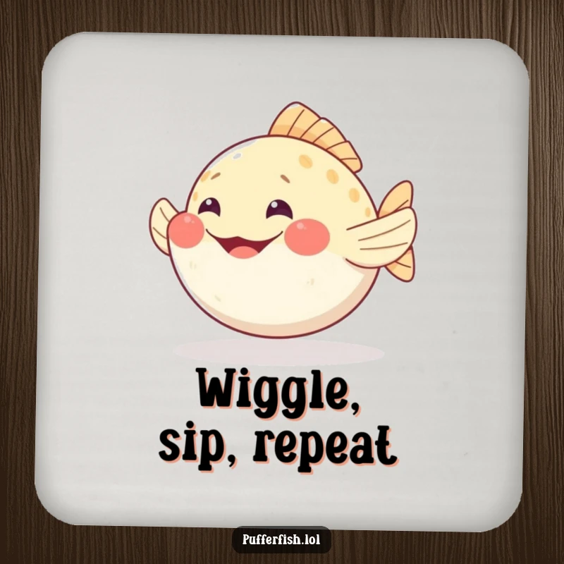 Funny pufferfish drink coaster wiggling fins with a happy grin, adding playful charm and surface protection.