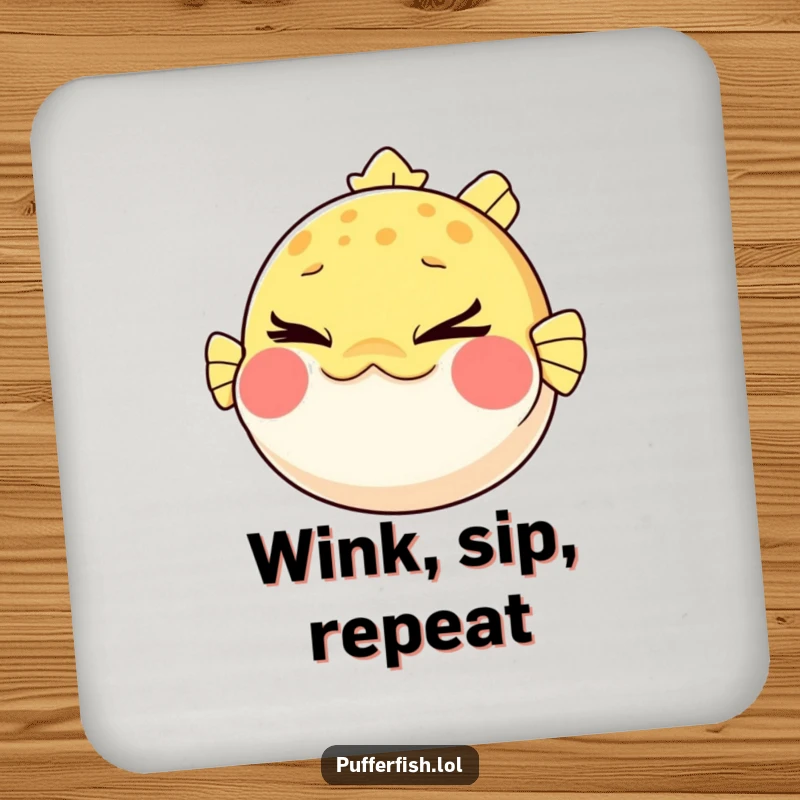 Funny Pufferfish Coaster: A coaster featuring a pufferfish comically puffing its cheeks and winking mischievously, perfect for protecting surfaces.