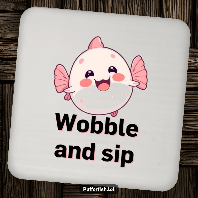 Funny kawaii pufferfish hilariously doing a wobbly swim on its back, a cute and humorous drink coaster.