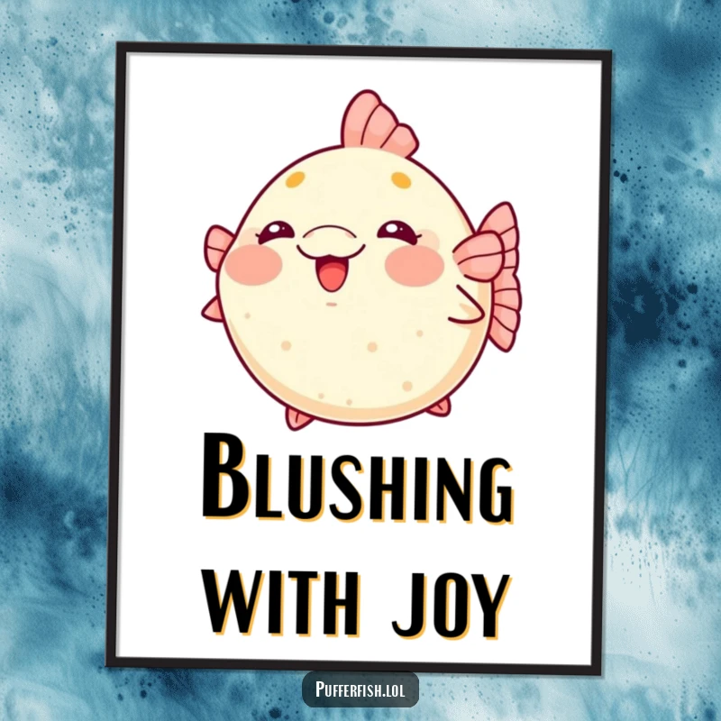 Funny kawaii pufferfish poster blushing and puffing up excitedly, adding a touch of charm.