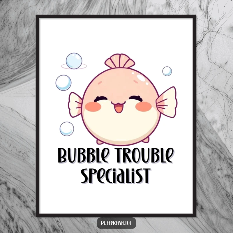 Funny pufferfish poster blowing cheerful bubble rings, a whimsical and happy underwater illustration for decor.