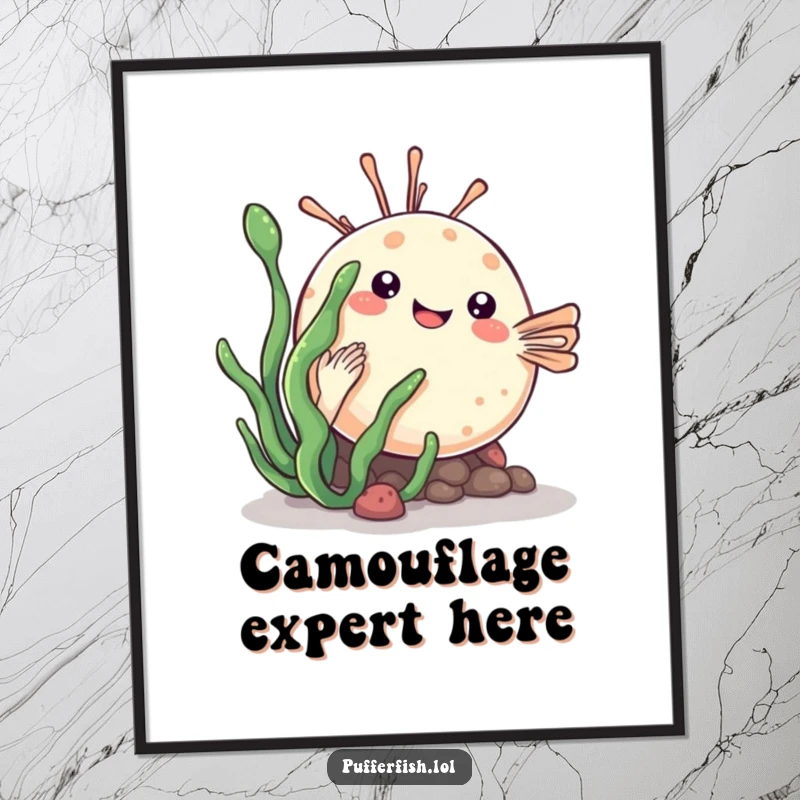 Funny kawaii pufferfish poster playfully hiding behind a sea plant, creating a sweet and whimsical wall decor.