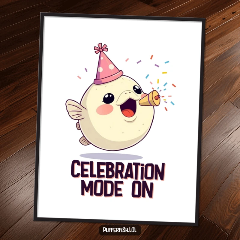 Funny poster of an excited pufferfish wearing a festive hat and firing a confetti popper, bringing celebratory joy to any room.