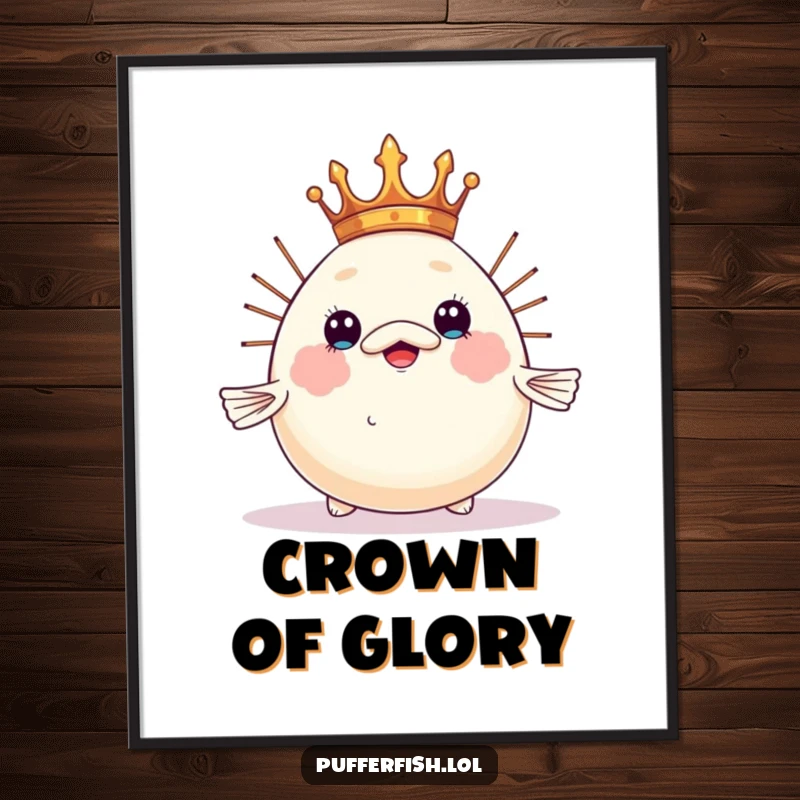 Funny pufferfish poster, humorously balancing a tiny crown on its inflated head, a royal and amusing piece of wall art.