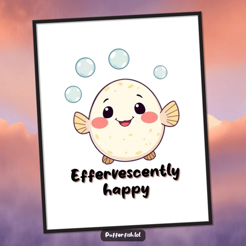 Funny poster art of a cute pufferfish character gleefully juggling three small bubbles with a wide, cheerful grin, radiating pure joy.