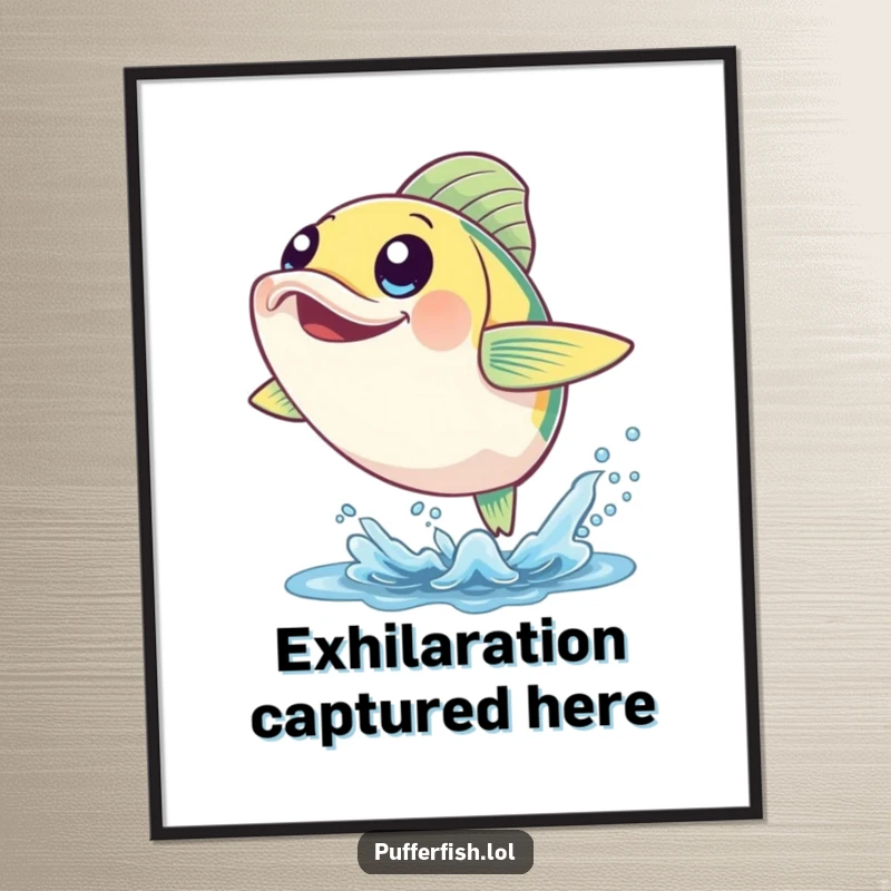 Funny Cheerful Fish Poster: A fish with expressive, happy eyes leaps high out of the water, creating a humorous and energetic artwork.