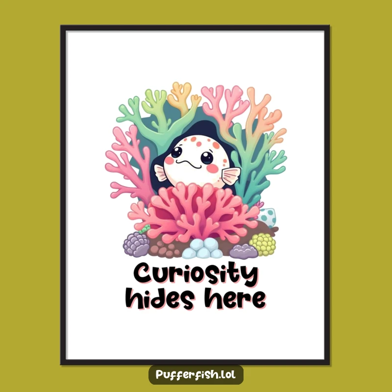 Funny Curious Pufferfish Coral Poster: Hilarious Underwater Peek Art