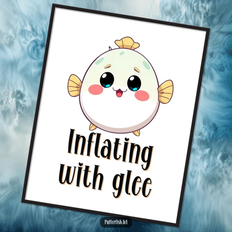Funny kawaii pufferfish poster, inflating with a surprised and happy expression, making for delightful and cute wall art.