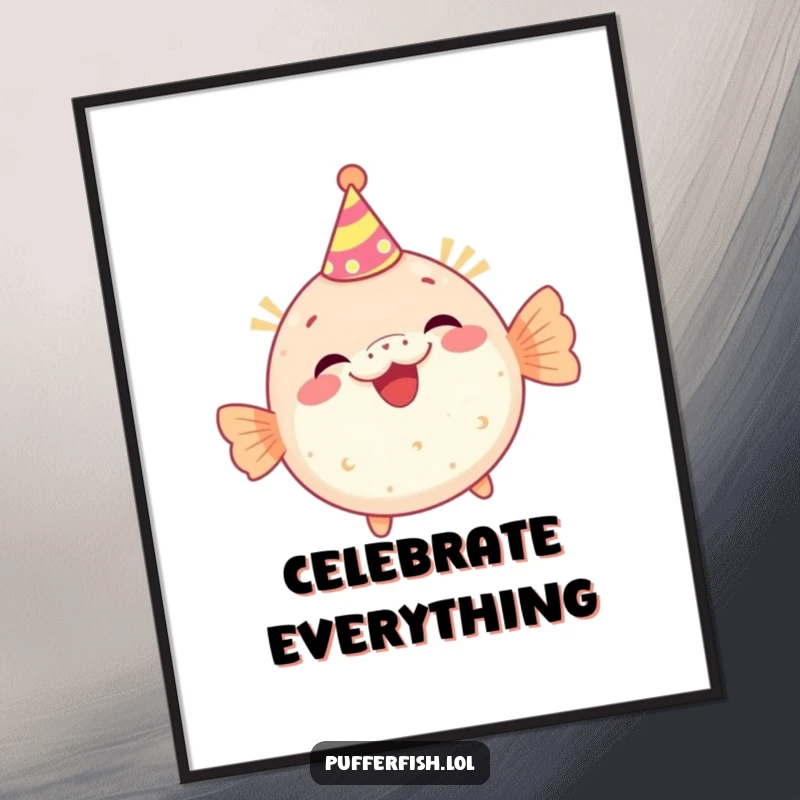 Funny poster of a pufferfish character wearing a tiny party hat and giggling, creating a cheerful and humorous piece of wall art.