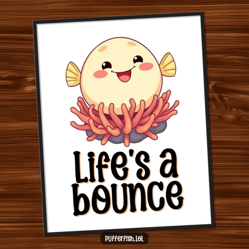 Funny poster illustrating a round, joyful pufferfish with an open smile, energetically bouncing on a whimsical sea anemone.