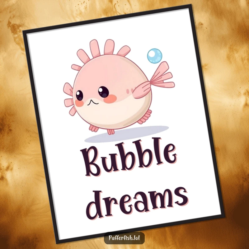Funny Pufferfish Poster: Adorable pufferfish joyfully chases a tiny sparkling bubble in a vibrant clear blue sea, creating a humorous scene.