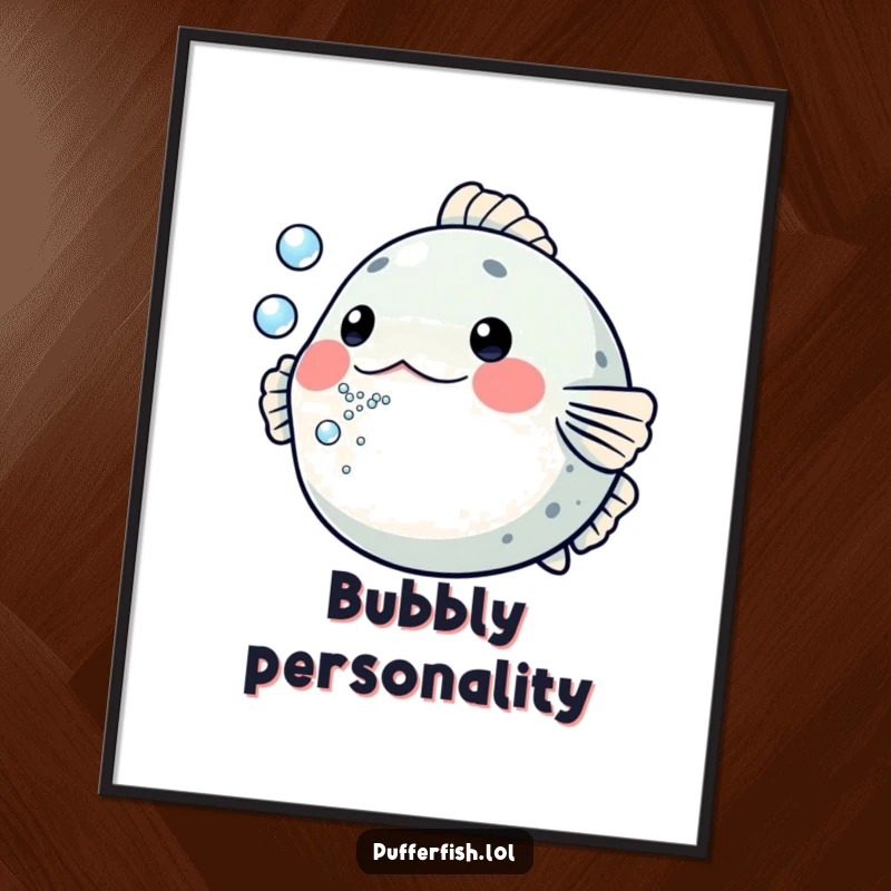 Funny Pufferfish Poster: An artistic representation of a pufferfish playfully blowing a stream of tiny bubbles, creating a whimsical underwater scene.