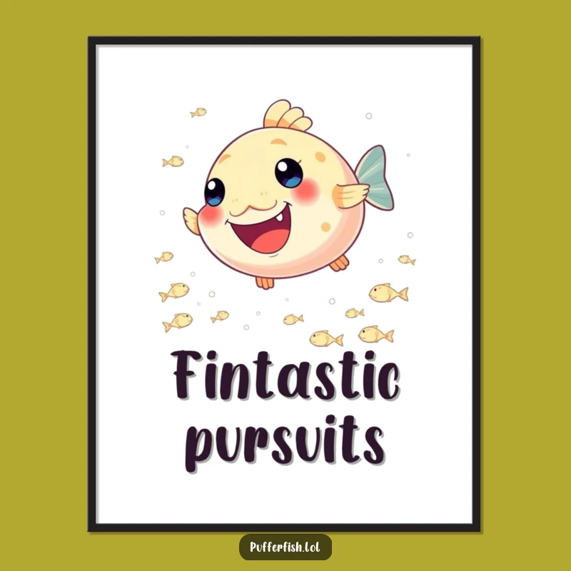 Funny Pufferfish Joy Poster: Vibrant Art of a Happy Fish Chasing Tiny Fish!