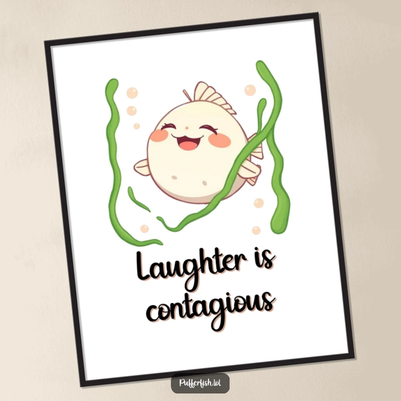 Funny poster art of a pufferfish character laughing heartily while seaweed tickles its spines, capturing a moment of pure aquatic joy.