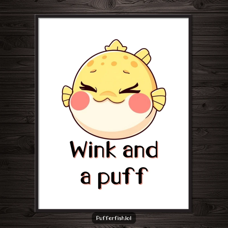 Funny Pufferfish Poster: An artistic depiction of a pufferfish with puffed cheeks giving a mischievous wink, full of playful energy.