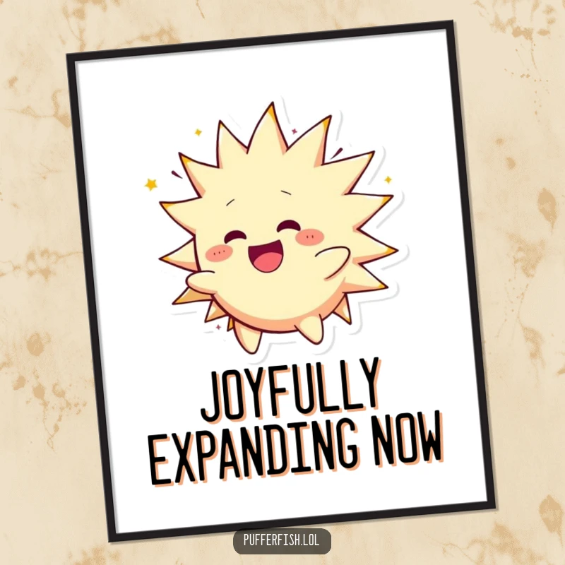 Funny Spiky Character Poster: A spiky creature joyfully inflates and spins, creating a dynamic and humorous piece of wall art.