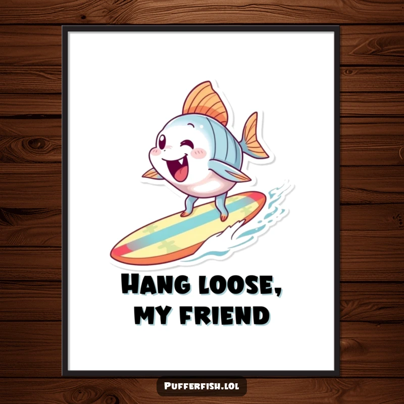 Funny Surfing Fish Poster: An art print featuring an excited fish character surfing on a tiny, colorful surfboard, bringing ocean vibes.