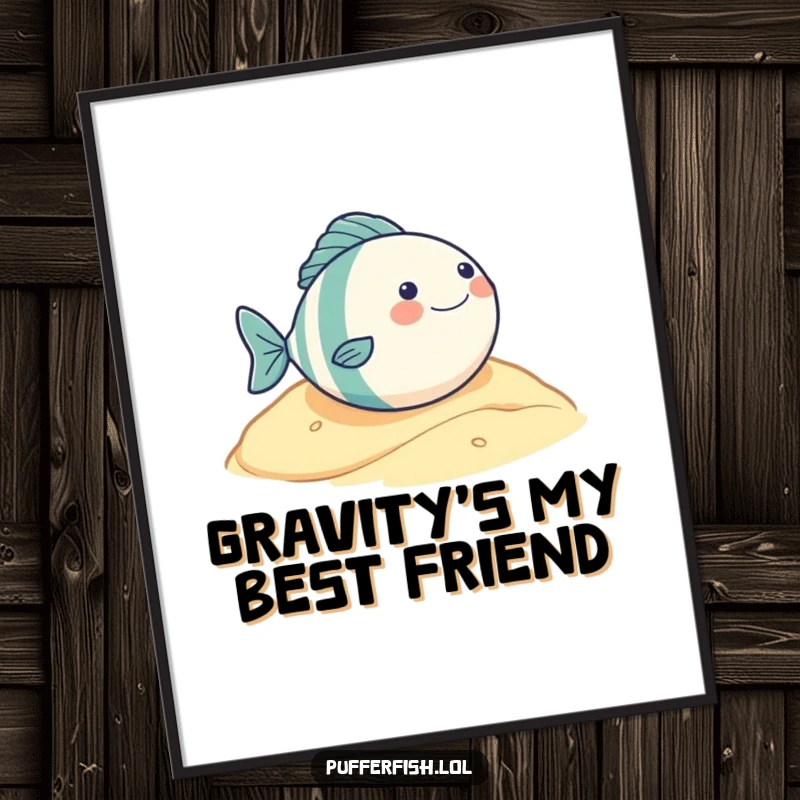 Funny poster art of a very round fish character with pure glee rolling down a sandy hill, capturing a moment of spontaneous joy.