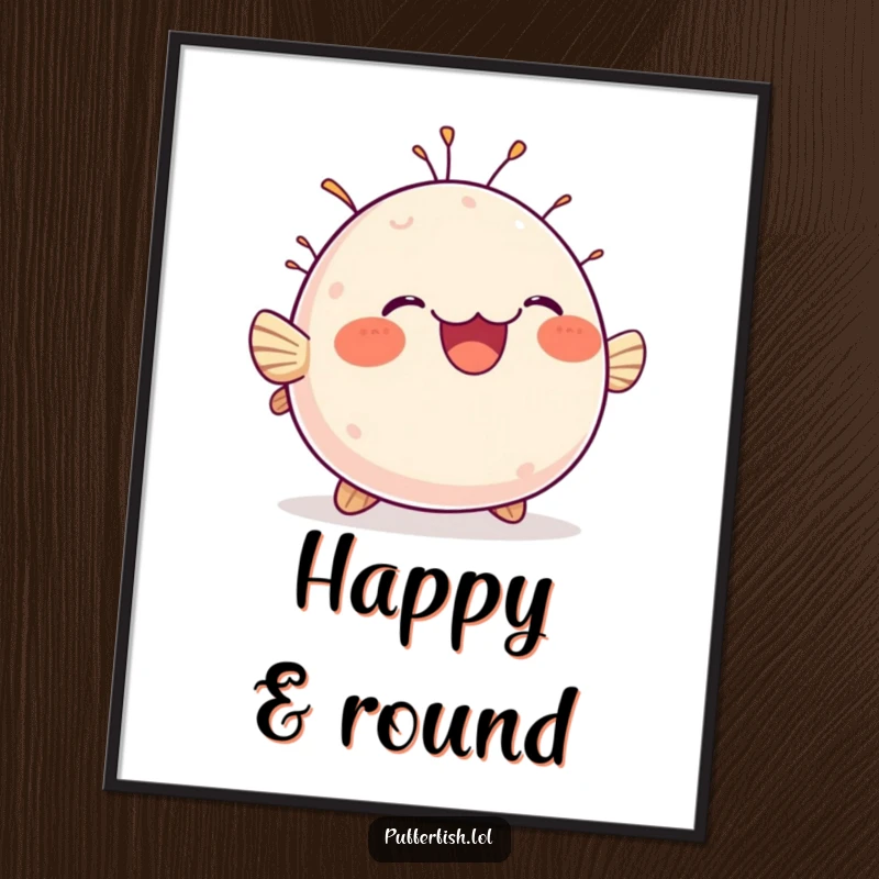 Funny poster illustrating a chubby, round pufferfish bobbing joyfully with a wide, delighted grin, embodying sheer aquatic bliss.