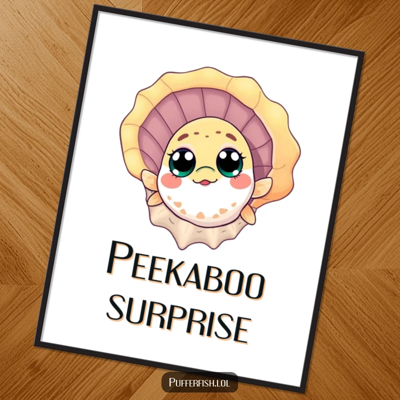 Funny Poster: A curious pufferfish with wide eyes peeks from behind a colorful seashell, creating humorous and charming wall art.
