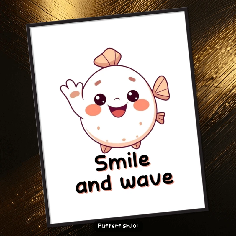 Funny Kawaii pufferfish poster, a cute fish cheerfully waving with a big smile, bringing a warm and joyful presence.