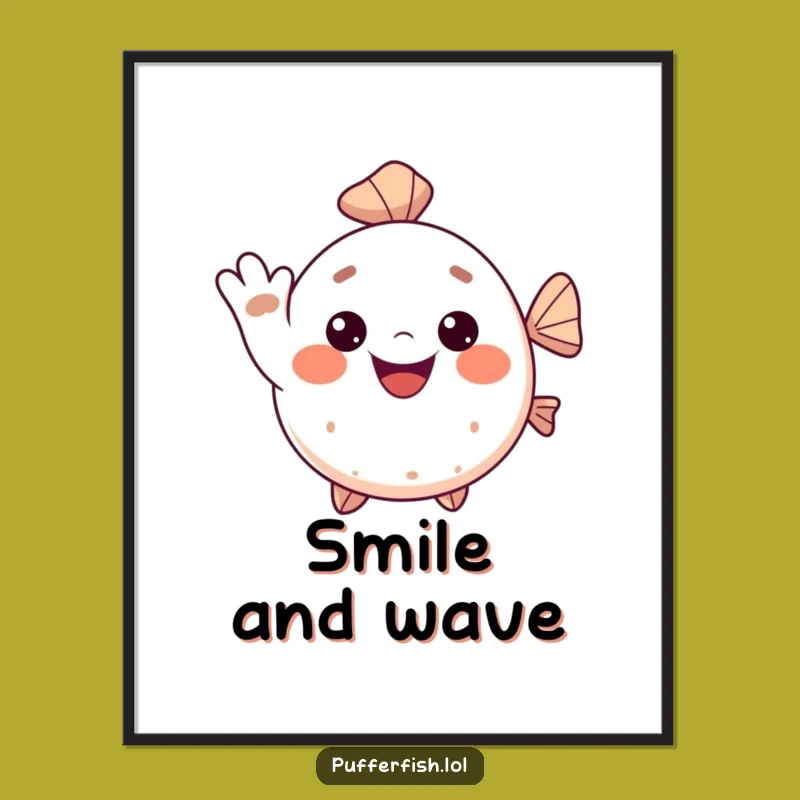 Funny Kawaii Pufferfish Poster: Waving Fish Art for Cheerful Wall Decor