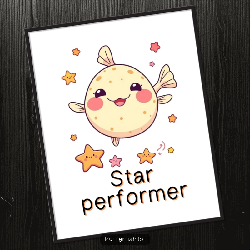 Funny kawaii pufferfish poster, juggling small colorful sea stars, making for delightful and impressive wall art.