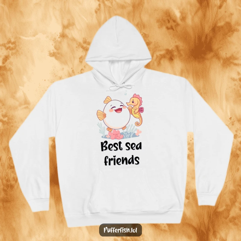 Funny hoodie designed with a cute pufferfish in fits of giggles from a seahorse's gentle tickles, offering warmth and humor.