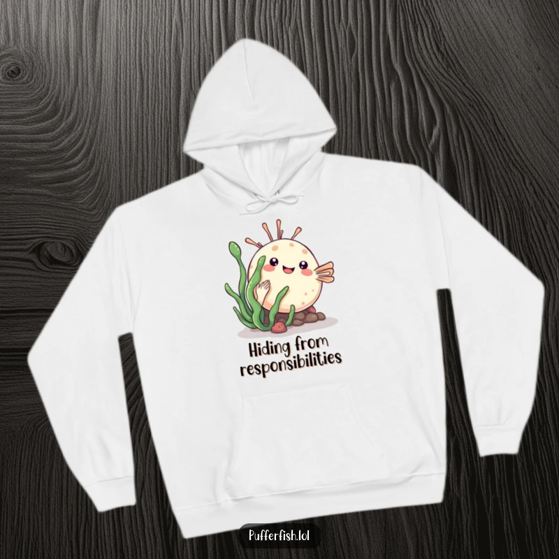 Funny kawaii pufferfish hoodie playfully hiding behind a sea plant, offering cozy comfort with a cute design.