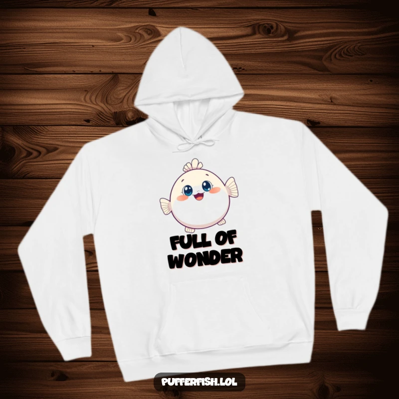 Funny hoodie featuring a kawaii pufferfish happily inflating with big, curious eyes, offering warmth and undeniable cuteness.