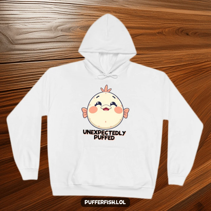 Funny kawaii pufferfish hoodie featuring a supremely cute face with a comically shocked expression, perfect for cozy, humorous wear.