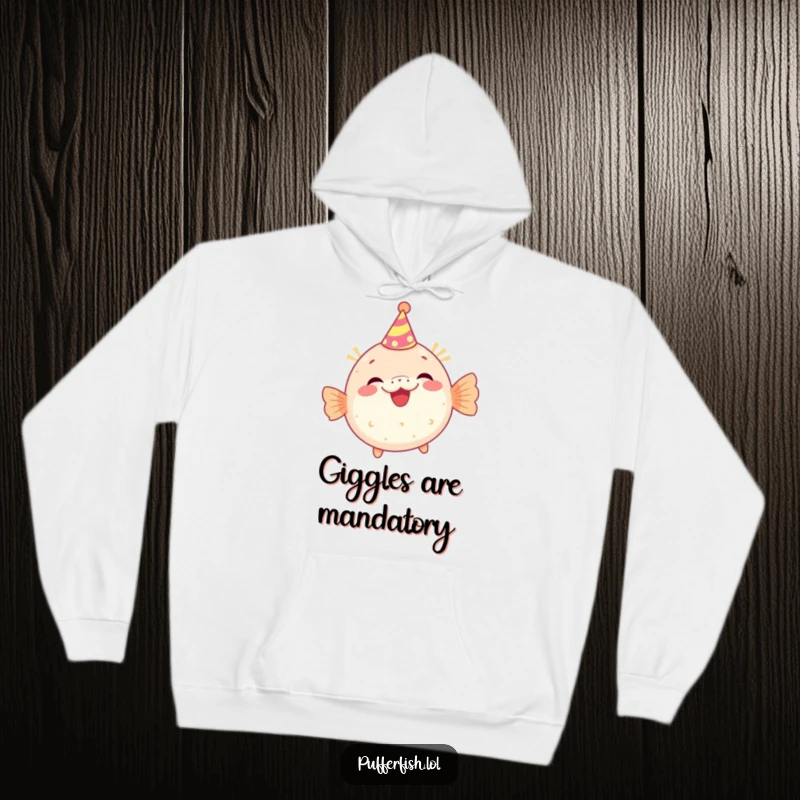Funny hoodie featuring a pufferfish character wearing a tiny party hat and giggling, offering warmth and a spirit of festive cheer.
