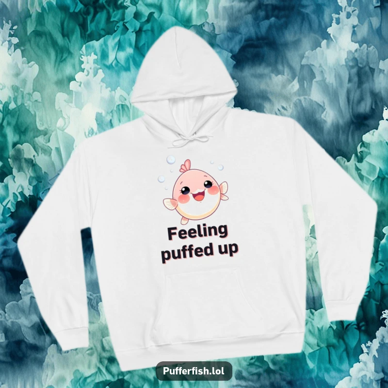 Funny pufferfish hoodie featuring a gleeful little pufferfish swimming up through effervescent bubbles, a cozy and comical ocean design.