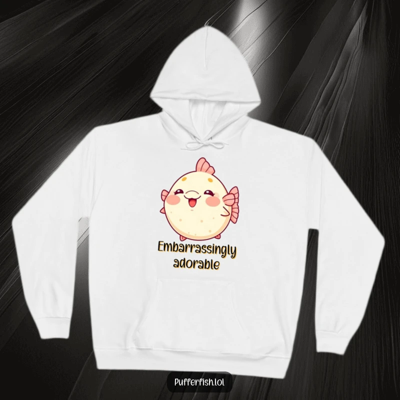 Funny kawaii pufferfish hoodie blushing and puffing up excitedly, perfect for cozy days.