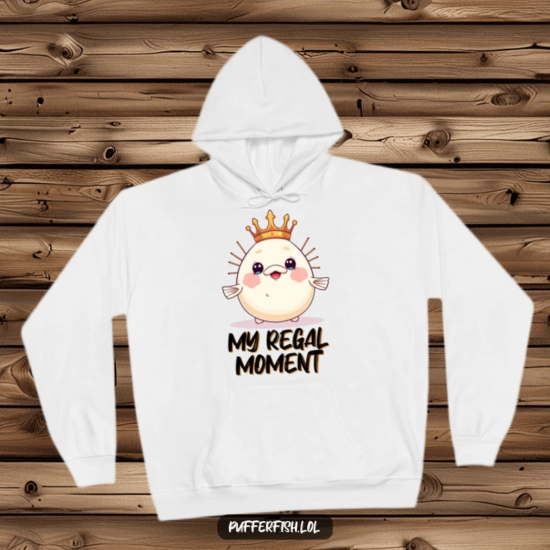 Funny pufferfish hoodie, humorously balancing a tiny crown on its inflated head, a cozy and regal design.