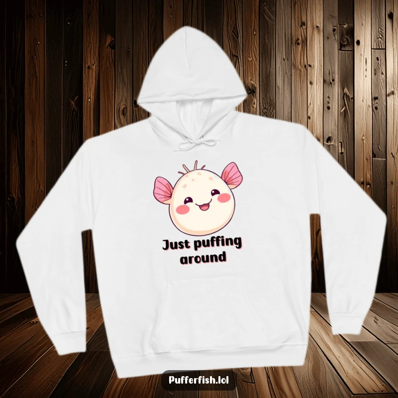 Funny kawaii pufferfish hoodie, featuring a cute character waving fins with a silly smile, perfect for cozy, fun vibes, funny gift.