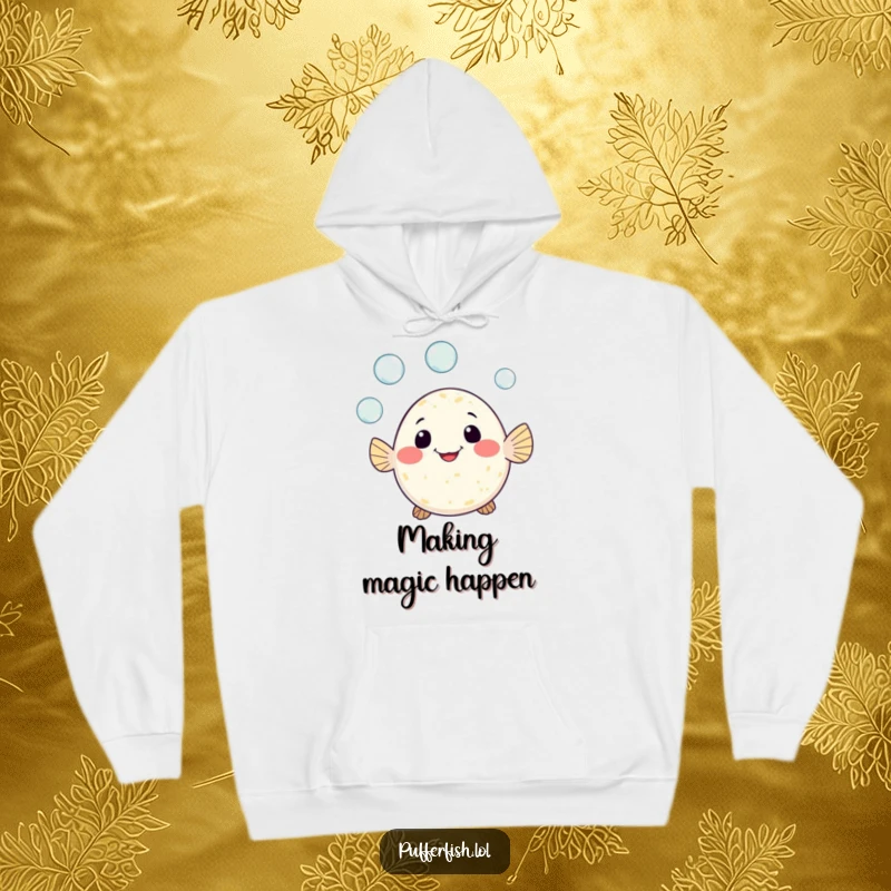 Funny hoodie with a cute pufferfish character joyfully juggling three tiny bubbles, a big grin plastered across its face.